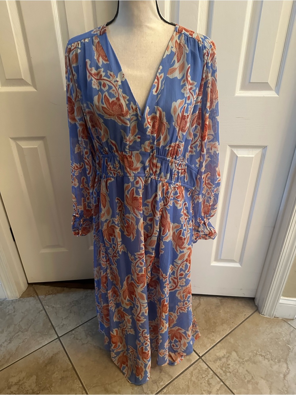 Jessica Simpson Floral V-Neck Long Sleeve Maxi Dress in Periwinkle and Rust